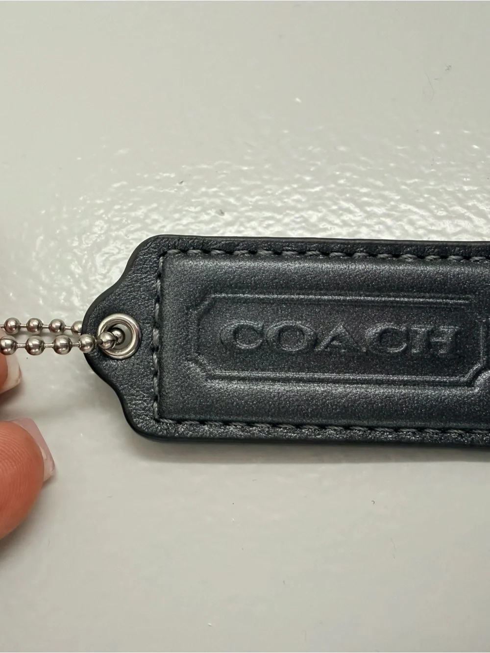 Coach Black Embossed Leather Key & Card Tag with Ball Chain